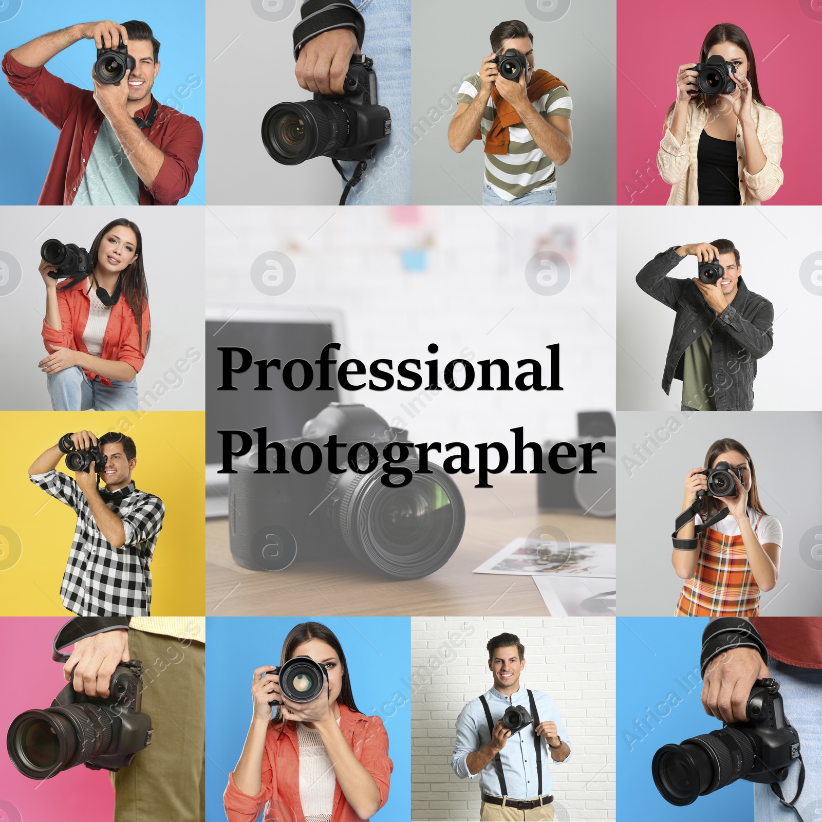 Image of Collage of different people with cameras and text Professional Photographer