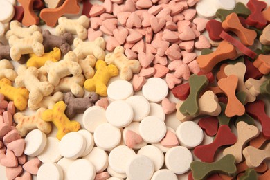 Many different vitamins for pets as background, closeup