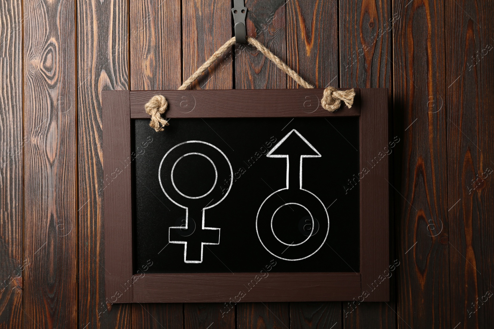 Image of Sex education. Small black chalkboard with female and male gender signs on wooden wall