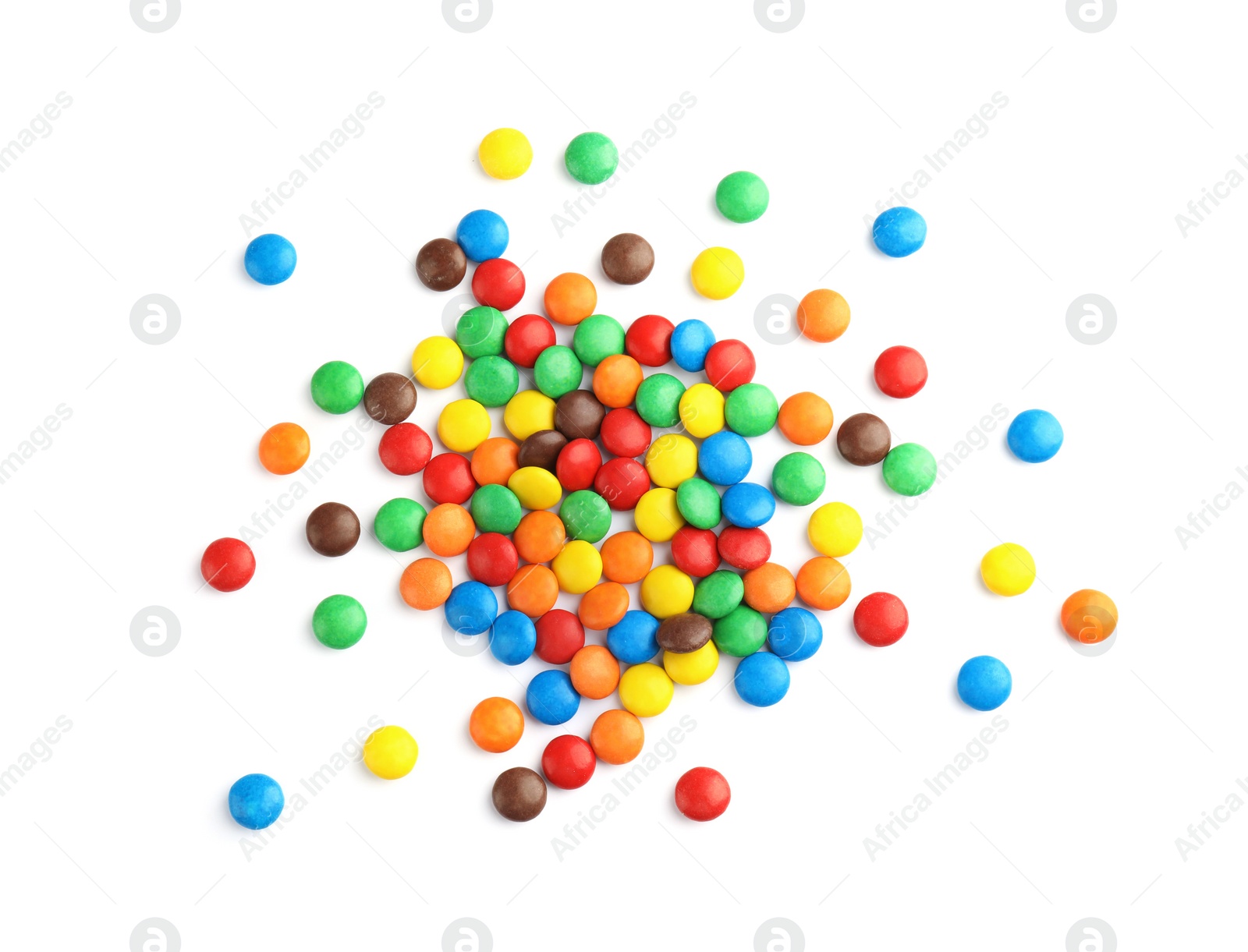 Photo of Tasty colorful candies on white background, top view