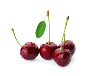 Photo of Ripe sweet cherries with water drops isolated on white