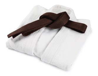 Photo of Brown karate belt and kimono isolated on white