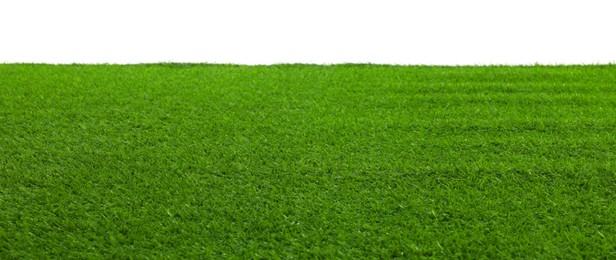 Photo of Green artificial grass surface isolated on white