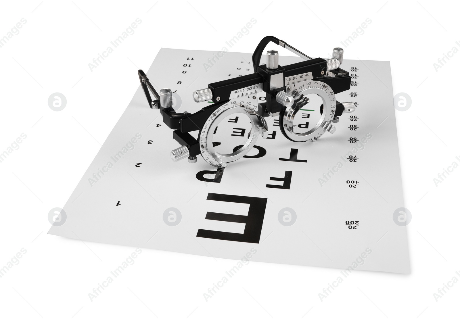 Photo of Trial frame and vision test chart isolated on white