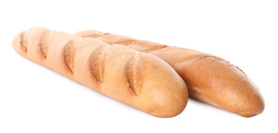 Photo of Tasty baguettes on white background. Fresh bread