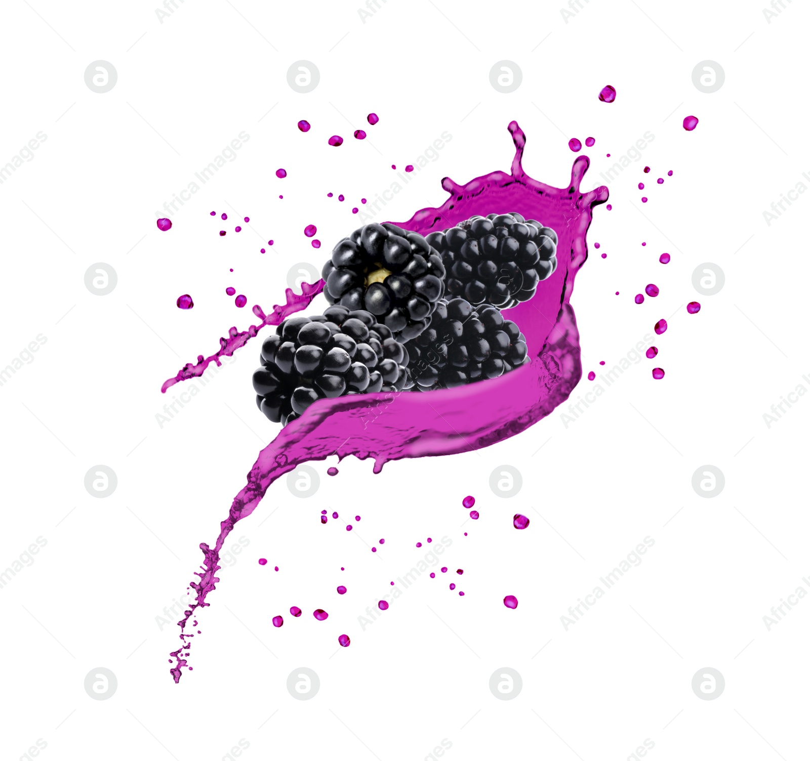 Image of Delicious ripe blackberries and splashes of juice on white background