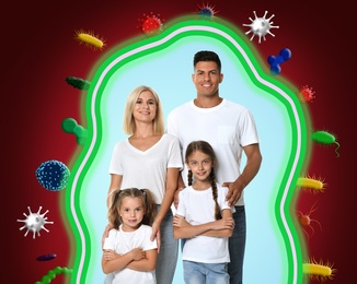 Image of Strong immunity - healthy family. Happy parents with children protected from viruses and bacteria, illustration