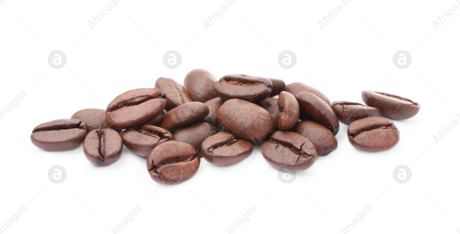 Photo of Many aromatic roasted coffee beans isolated on white