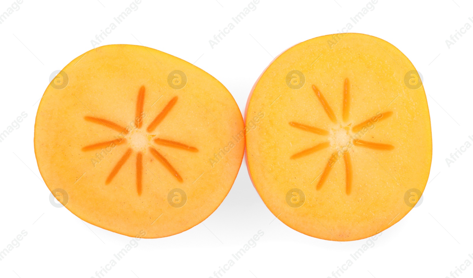 Photo of Pieces of fresh persimmon fruit isolated on white, top view