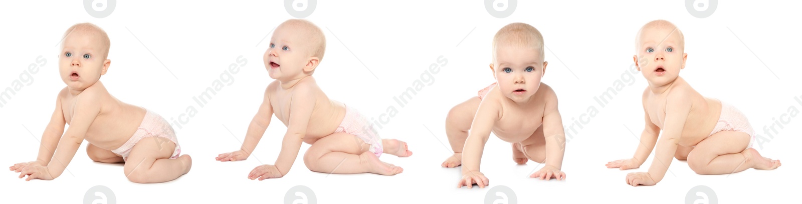 Image of Collage with photos of cute baby crawling on white background. Banner design