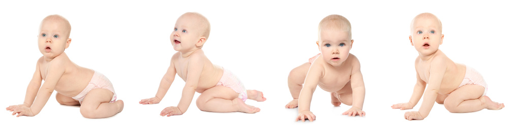 Collage with photos of cute baby crawling on white background. Banner design