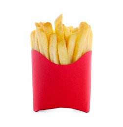 Photo of Delicious French fries in red paper cup isolated on white
