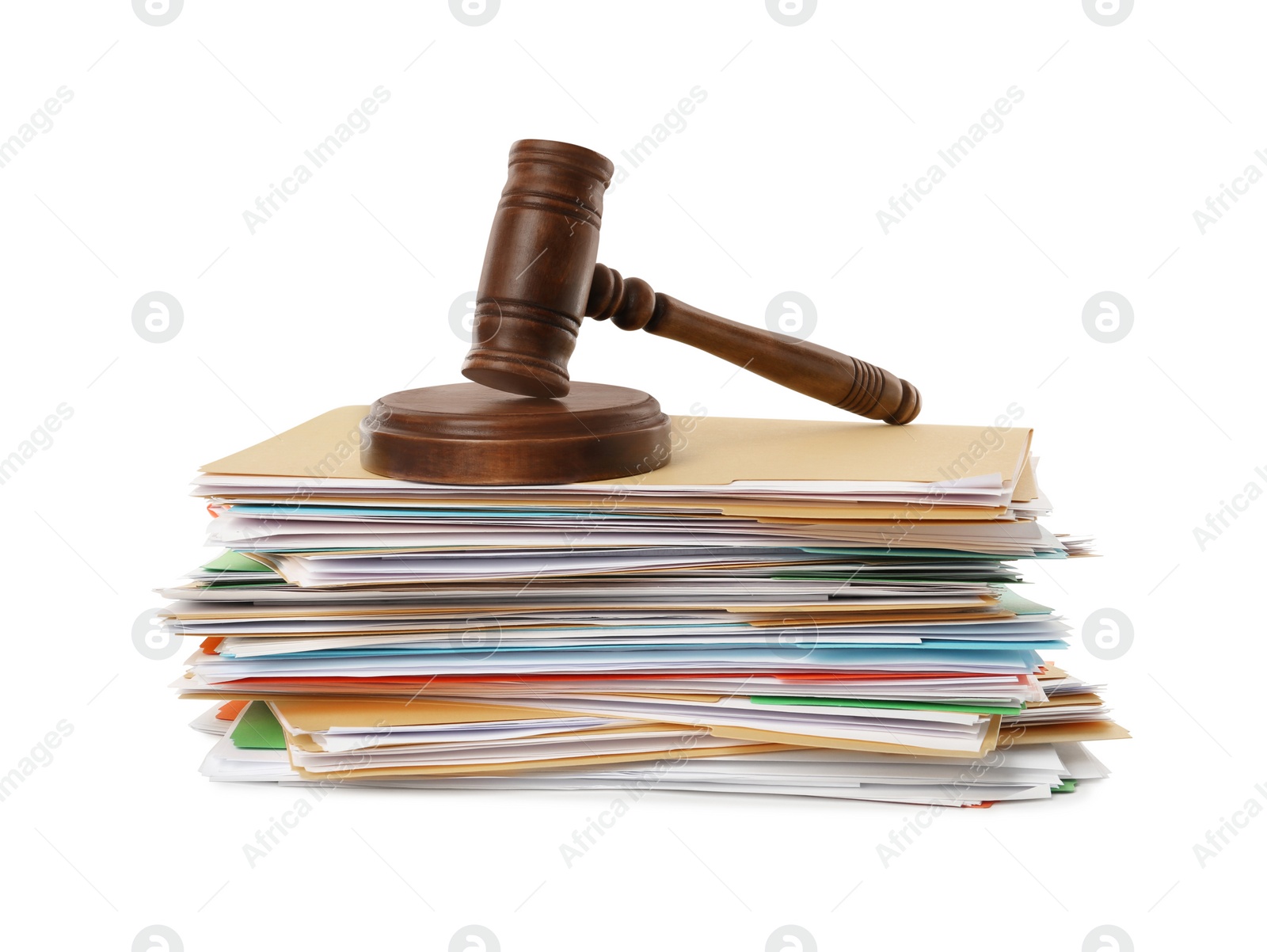 Photo of Stack of different files with documents and gavel on white background