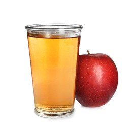 Photo of Glass of delicious cider and ripe red apple on white background