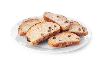 Photo of Plate of sweet hard chuck crackers with raisins on white background