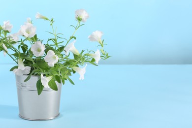 Photo of White flowers in metal pot on light blue background. Space for text