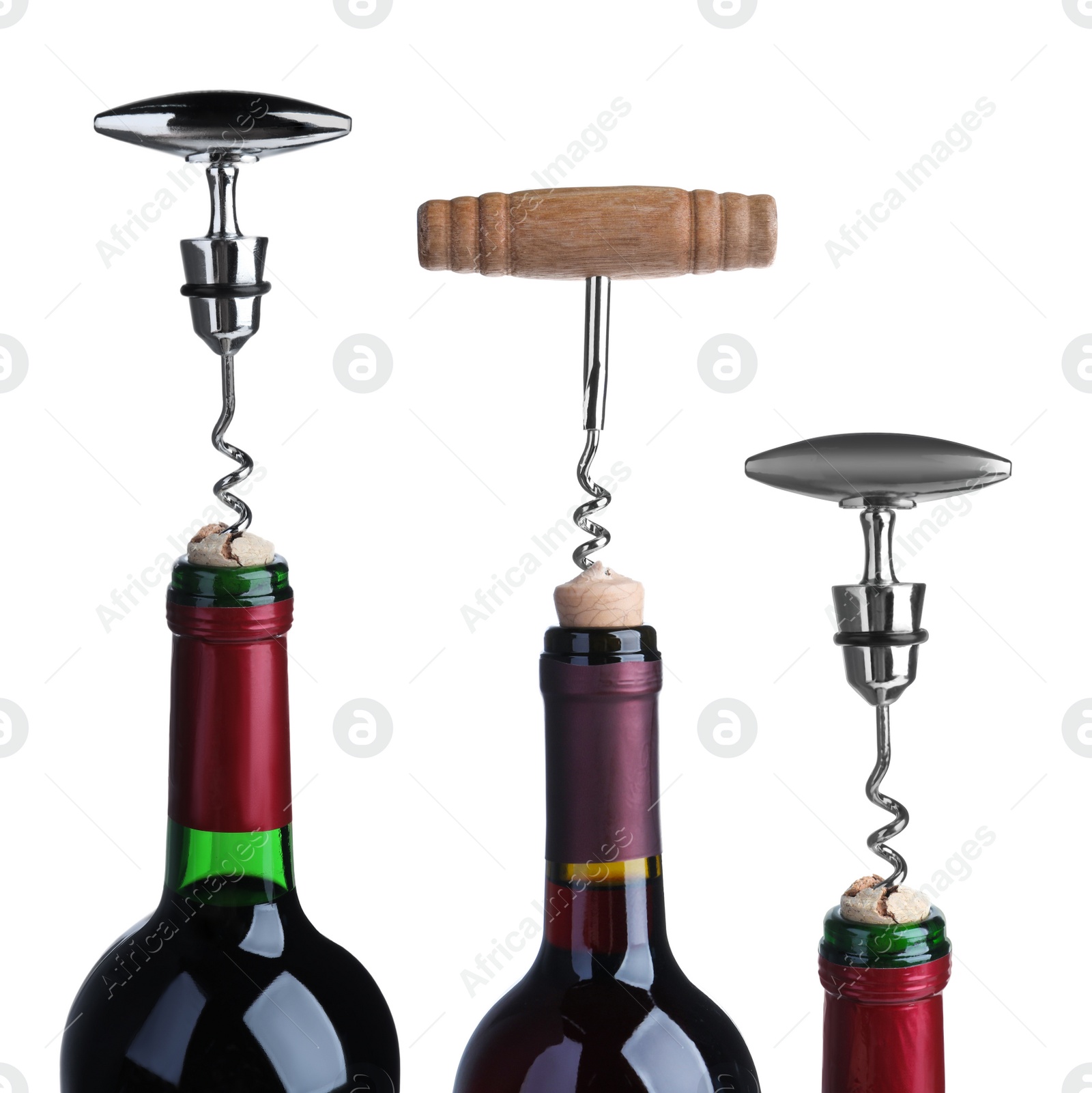 Image of Opening bottles of wine with corkscrews on white background