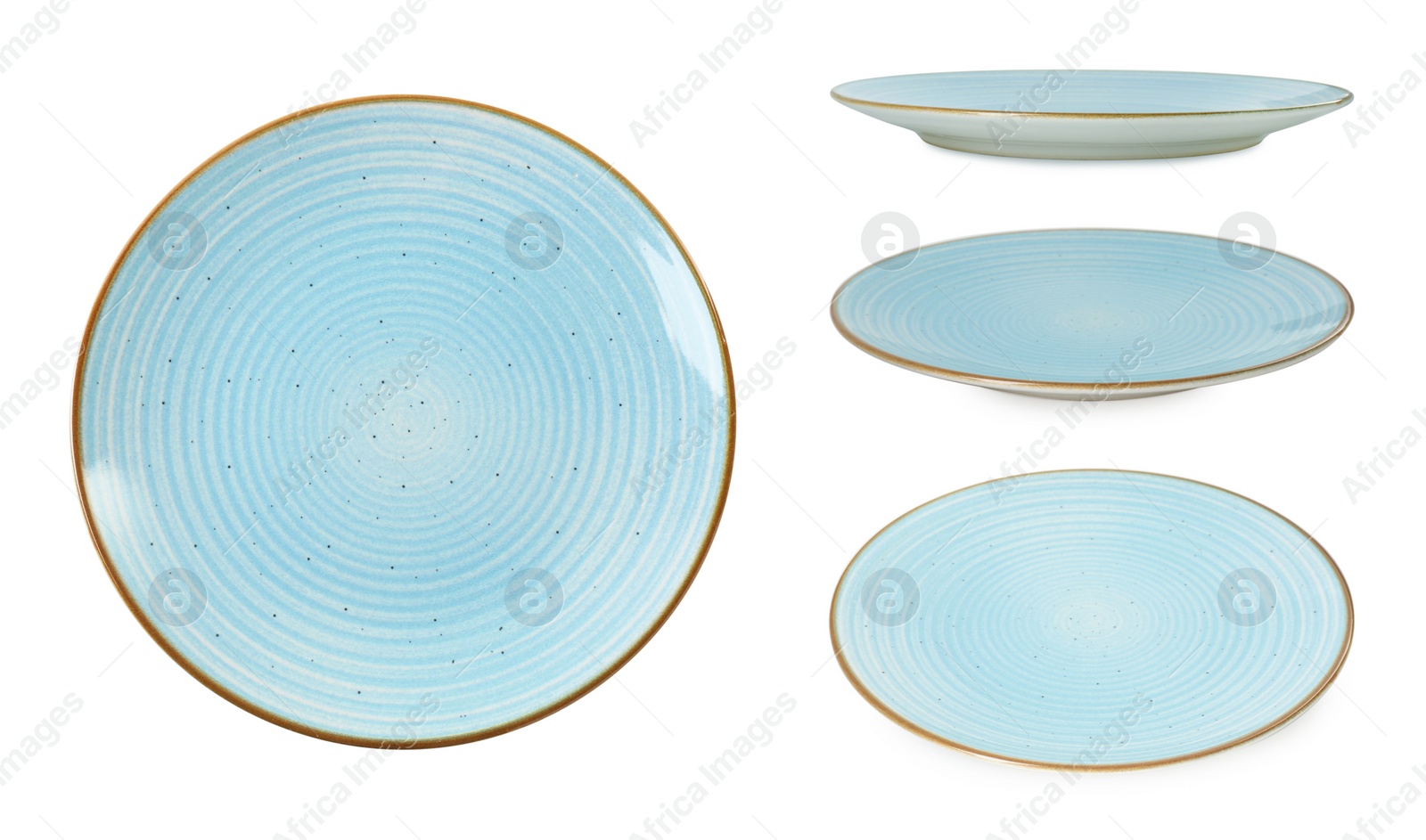 Image of Light blue ceramic plate isolated on white, set with different views