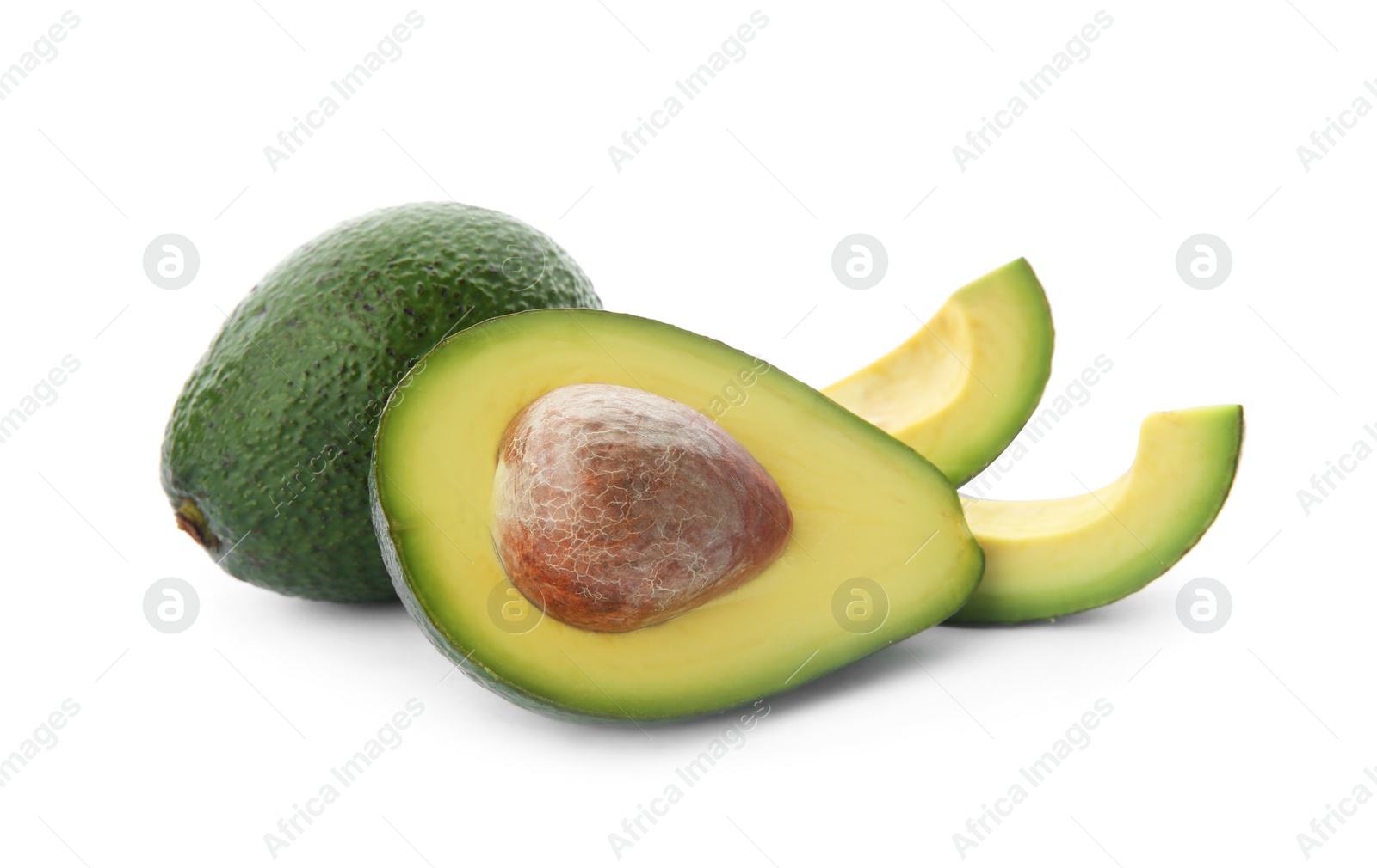 Photo of Ripe avocados on white background. Tropical fruit