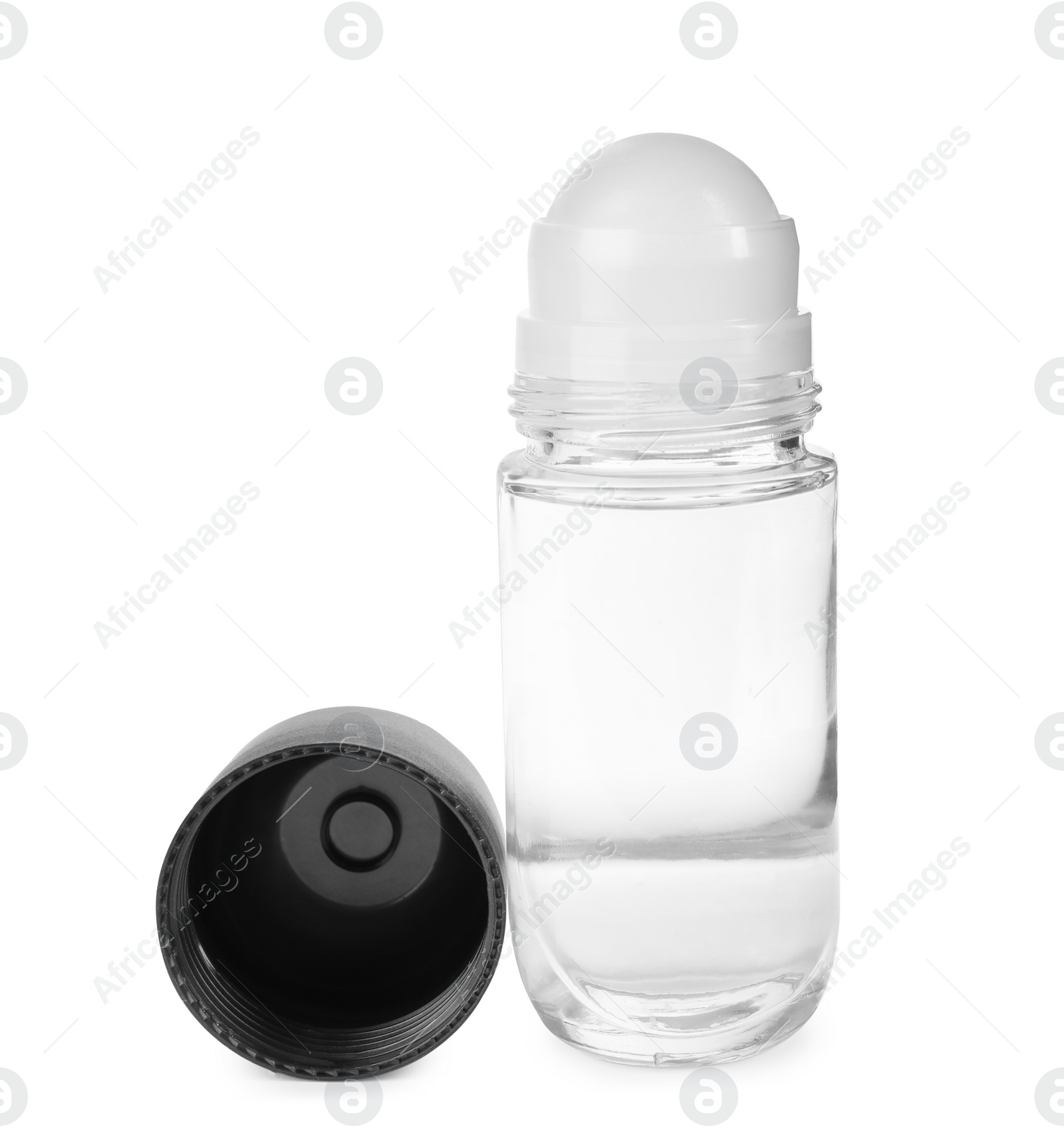 Photo of Blank glass deodorant container on white background