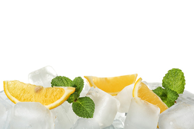 Photo of Ice cubes, mint and lemon slices on white background