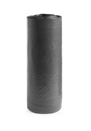 Photo of Roll of grey garbage bags on white background. Cleaning supplies