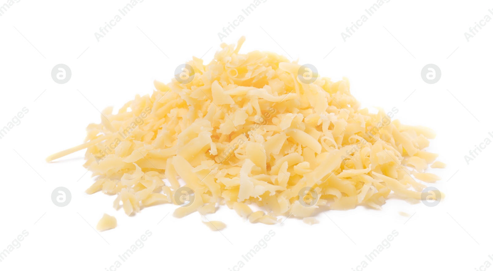 Photo of Pile of tasty grated cheese isolated on white