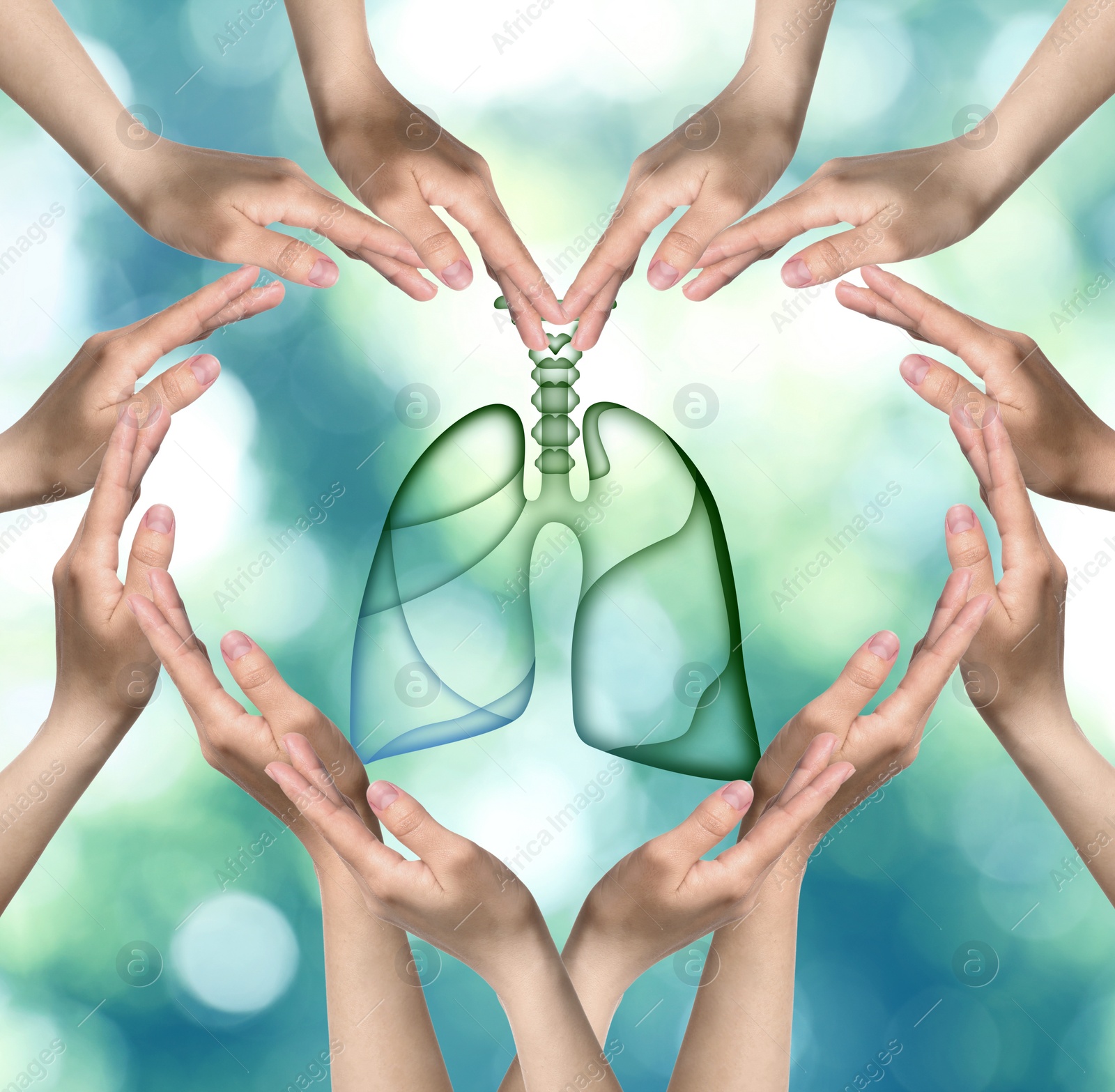 Image of World Tuberculosis Day and No Tobacco campaign. People surrounding lungs illustration, making heart shaped frame with hands