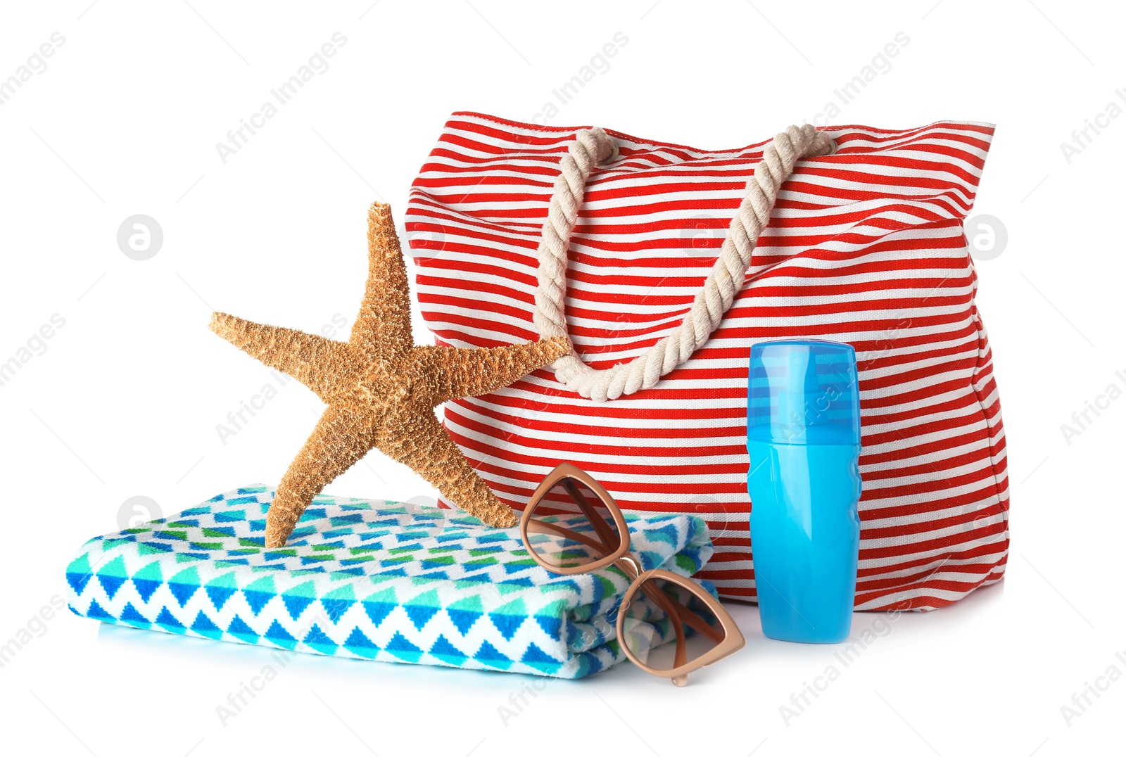 Photo of Composition with bag and beach accessories on white background