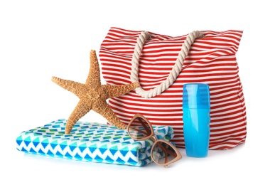 Photo of Composition with bag and beach accessories on white background