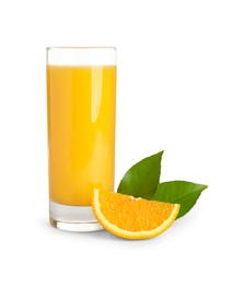 Tasty orange juice, fresh fruit and green leaves isolated on white