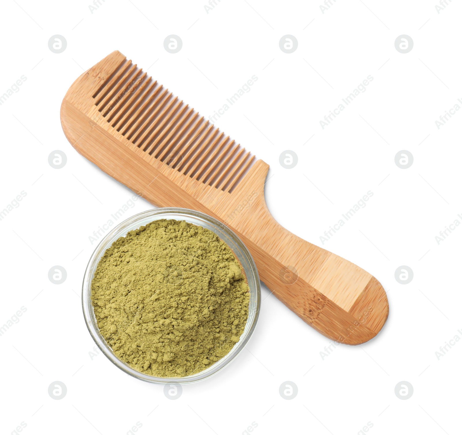 Photo of Henna powder in bowl and comb isolated on white, top view