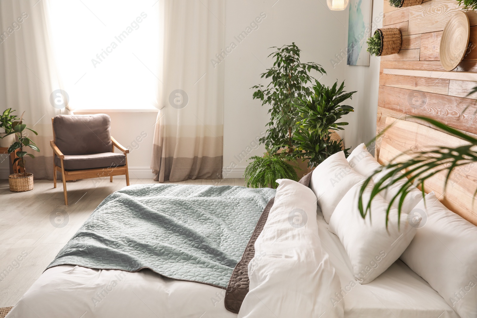 Photo of Cozy bedroom decorated with green plants. Home design ideas