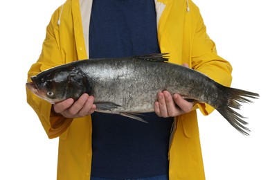 Photo of Fisherman with caught fish isolated on white, closeup