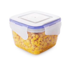 Photo of Plastic container with tasty corn kernels isolated on white