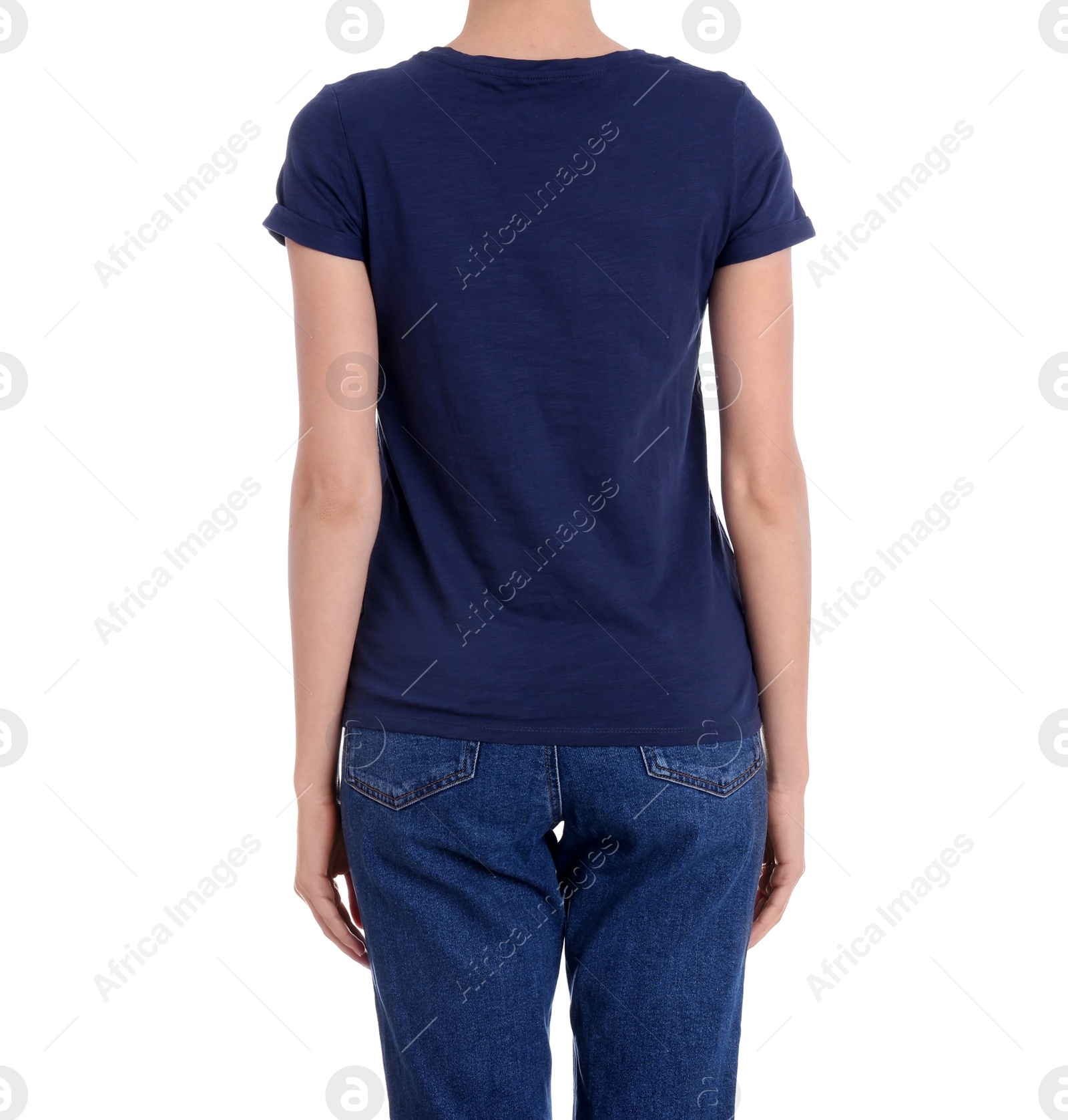 Photo of Young slim woman on white background, closeup. Weight loss