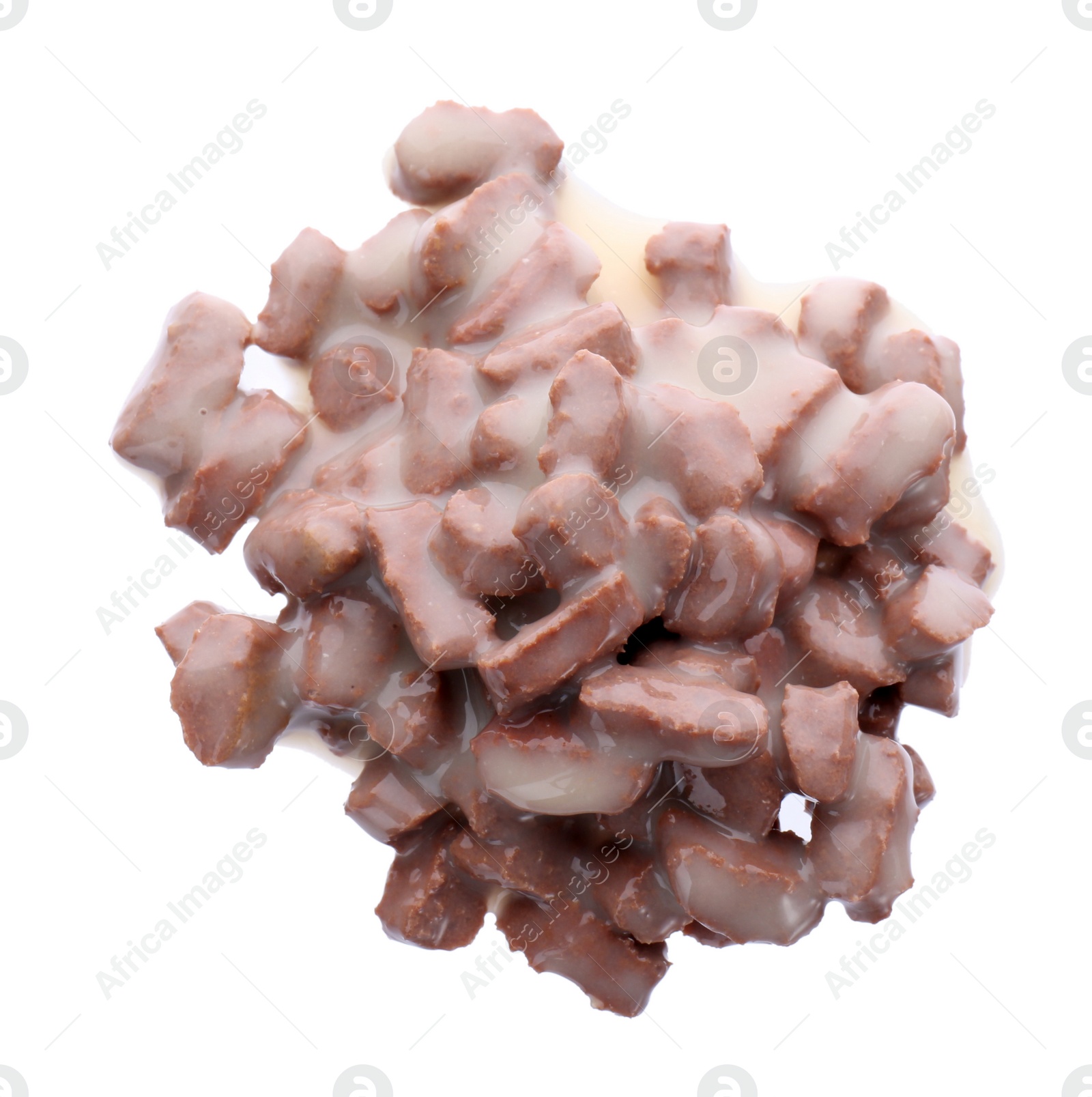 Photo of Pile of wet pet food isolated on white, top view