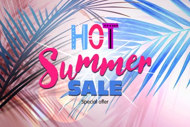 Flyer design with colorful palm leaves and text Hot Summer Sale