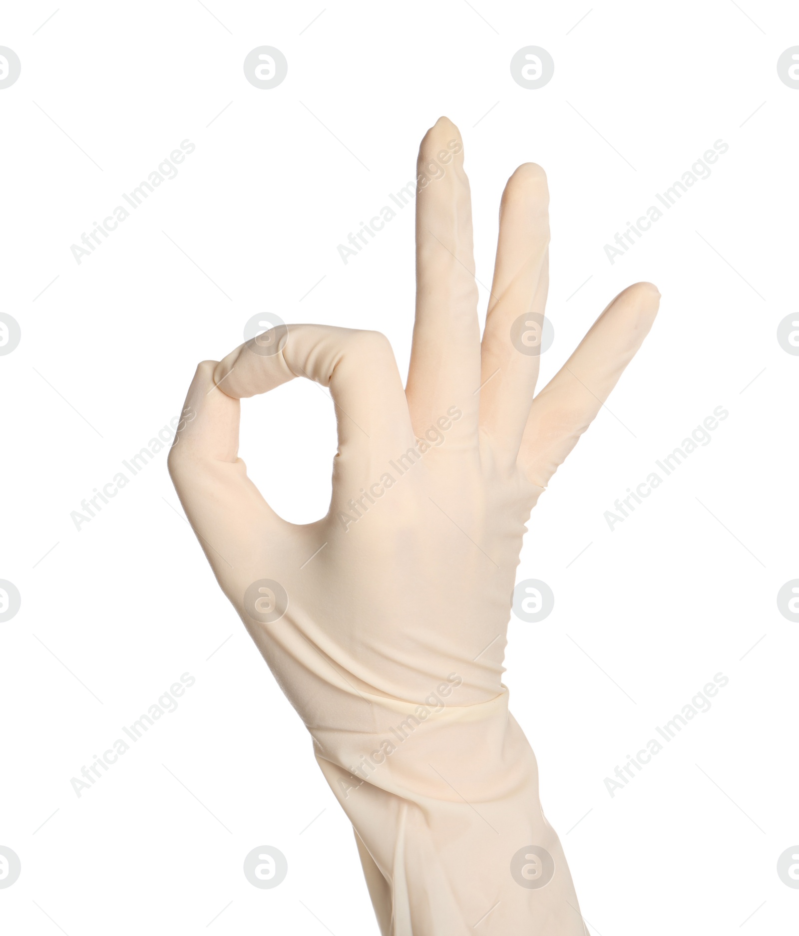 Photo of Doctor in medical glove showing OK gesture on white background