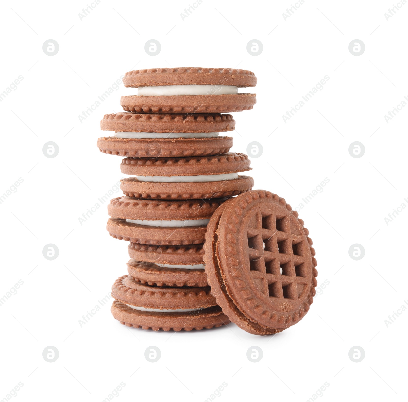 Photo of Stack of tasty chocolate sandwich cookies with cream isolated on white