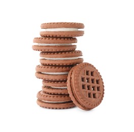 Stack of tasty chocolate sandwich cookies with cream isolated on white