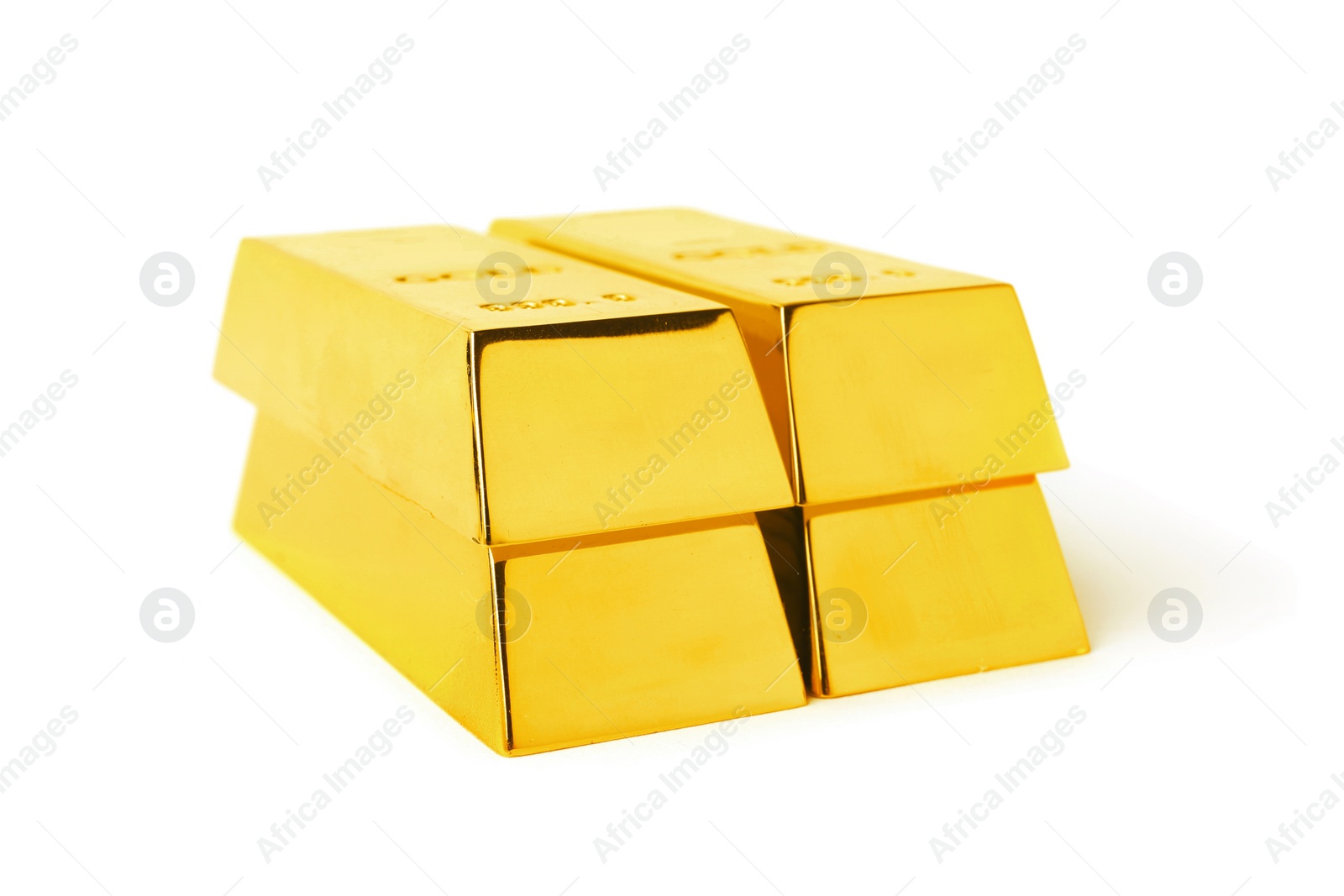 Photo of Precious shiny gold bars on white background