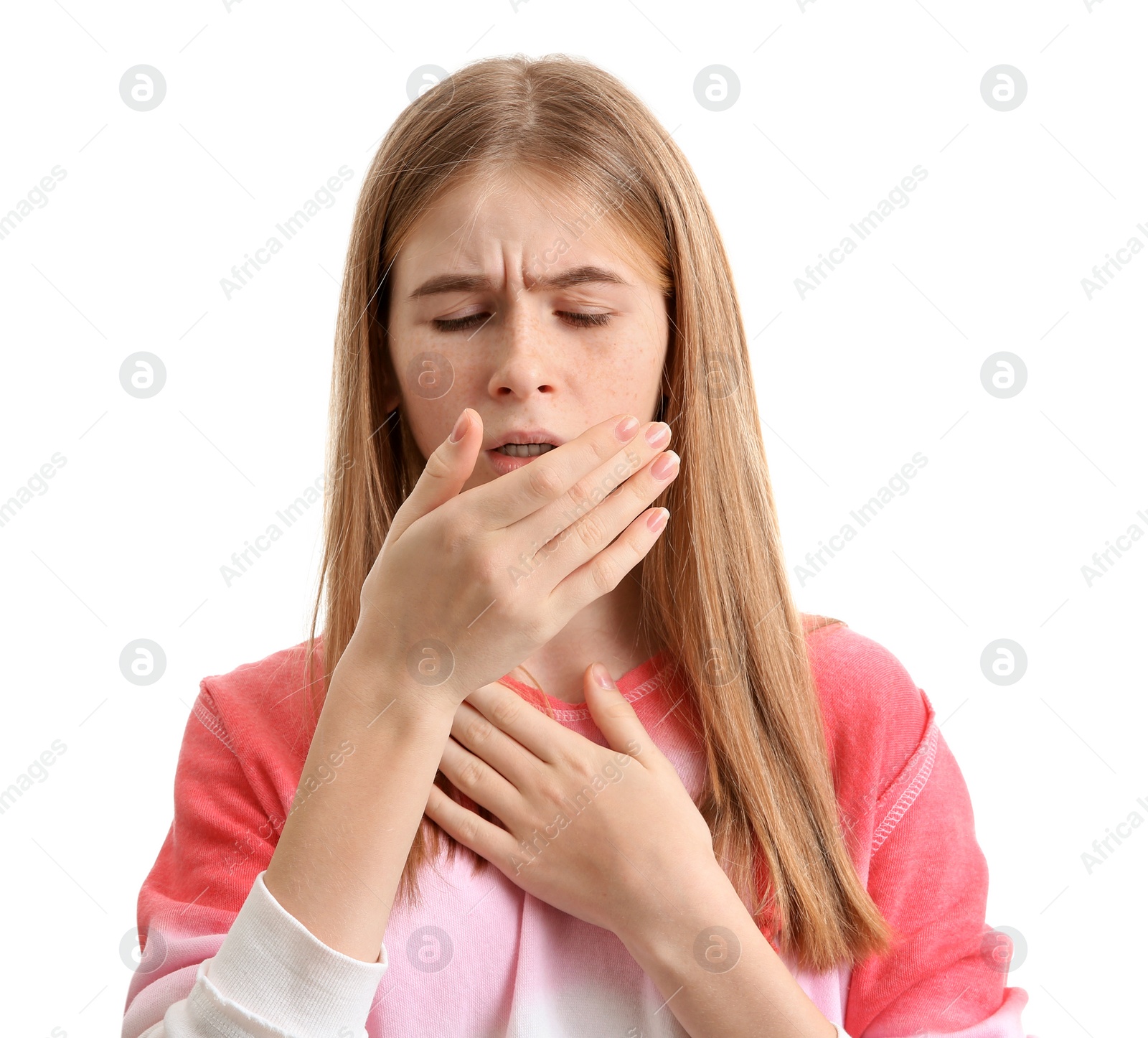 Photo of Teenage girl suffering from cough isolated on white