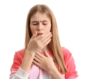 Photo of Teenage girl suffering from cough isolated on white