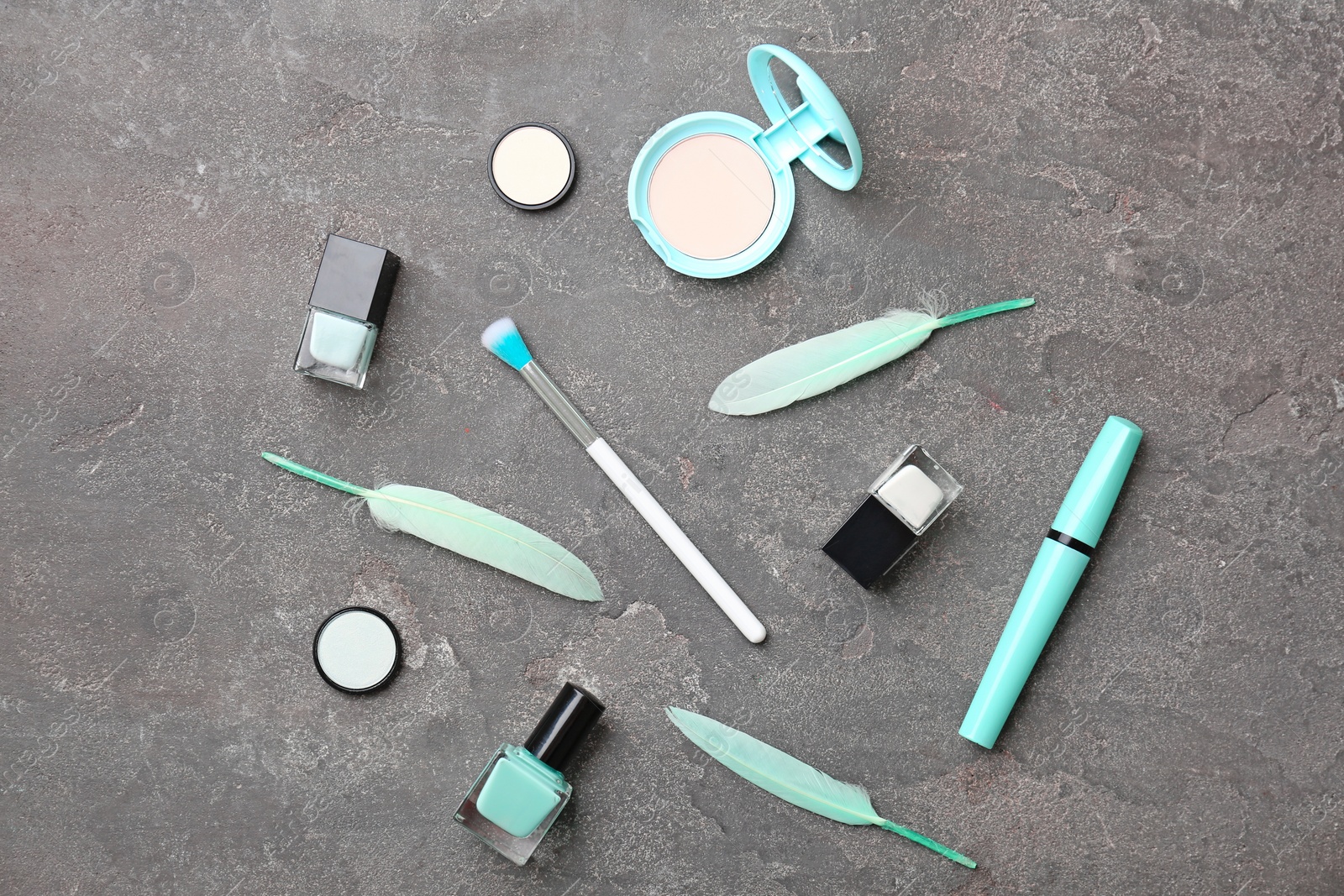 Photo of Flat lay composition with cosmetic products on grey background