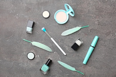 Photo of Flat lay composition with cosmetic products on grey background