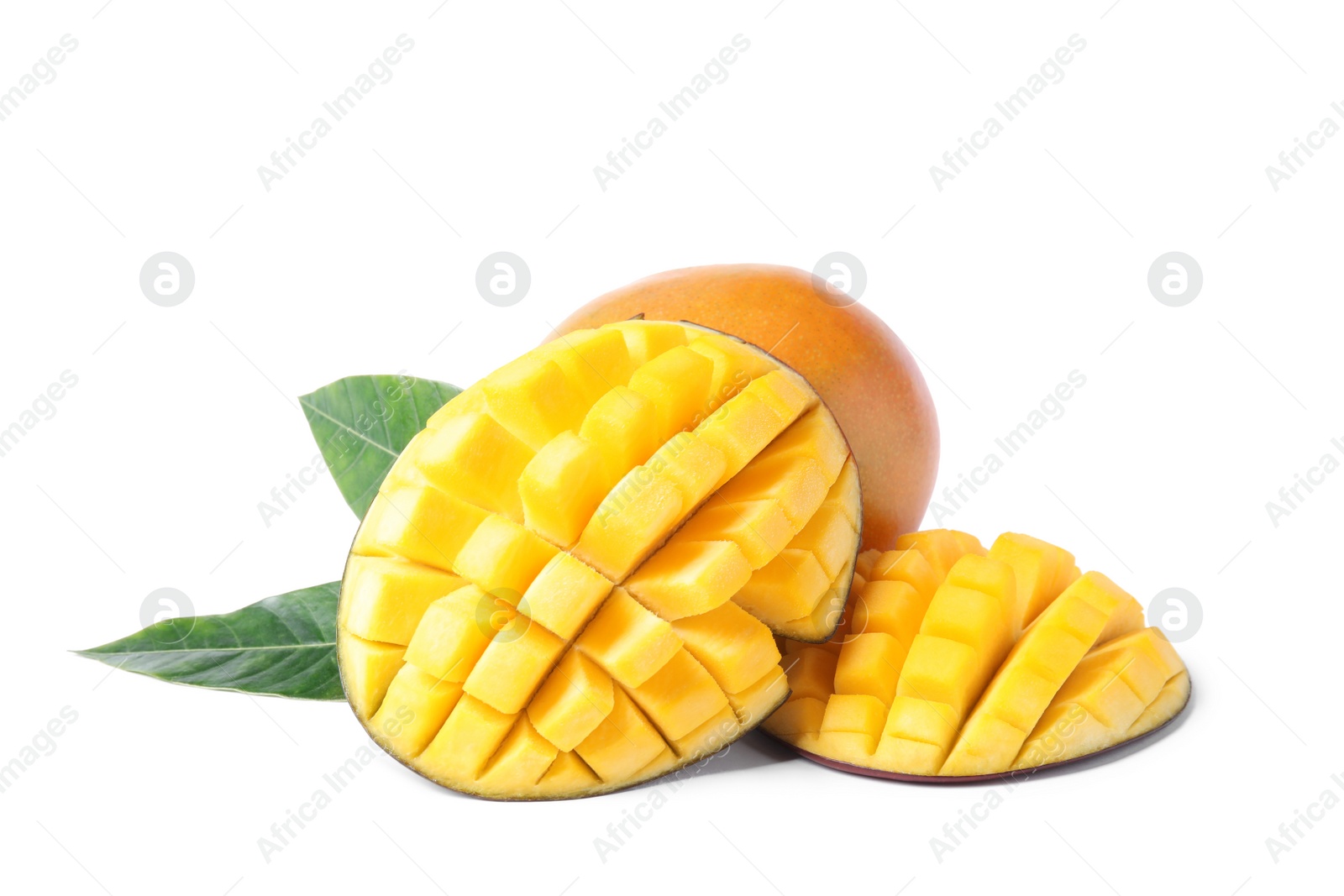 Photo of Fresh juicy mango and leaves isolated on white