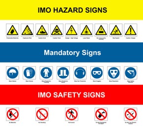 Image of International Maritime Organization (IMO) hazard, mandatory and safety signs, illustration. Poster design