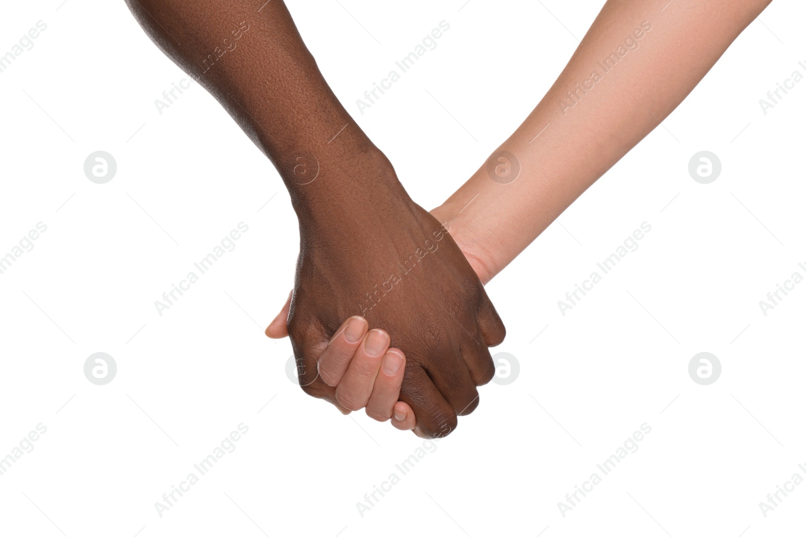 Photo of Woman and African American man holding hands on white background, closeup