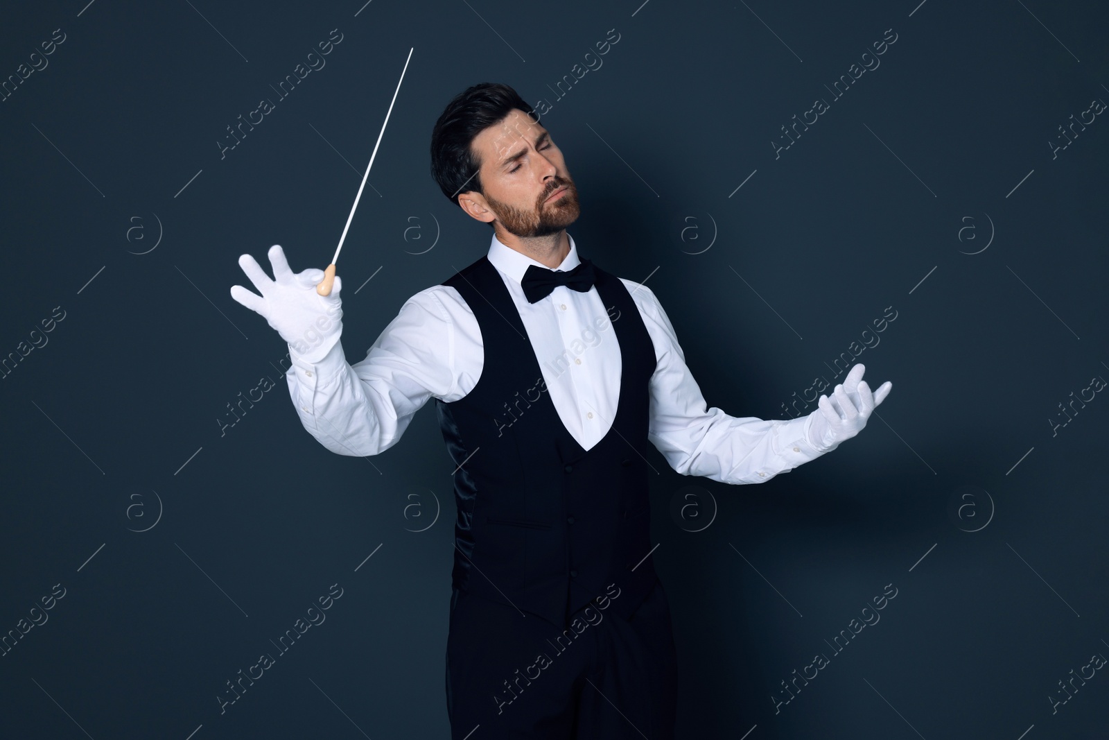 Photo of Professional conductor with baton on grey background